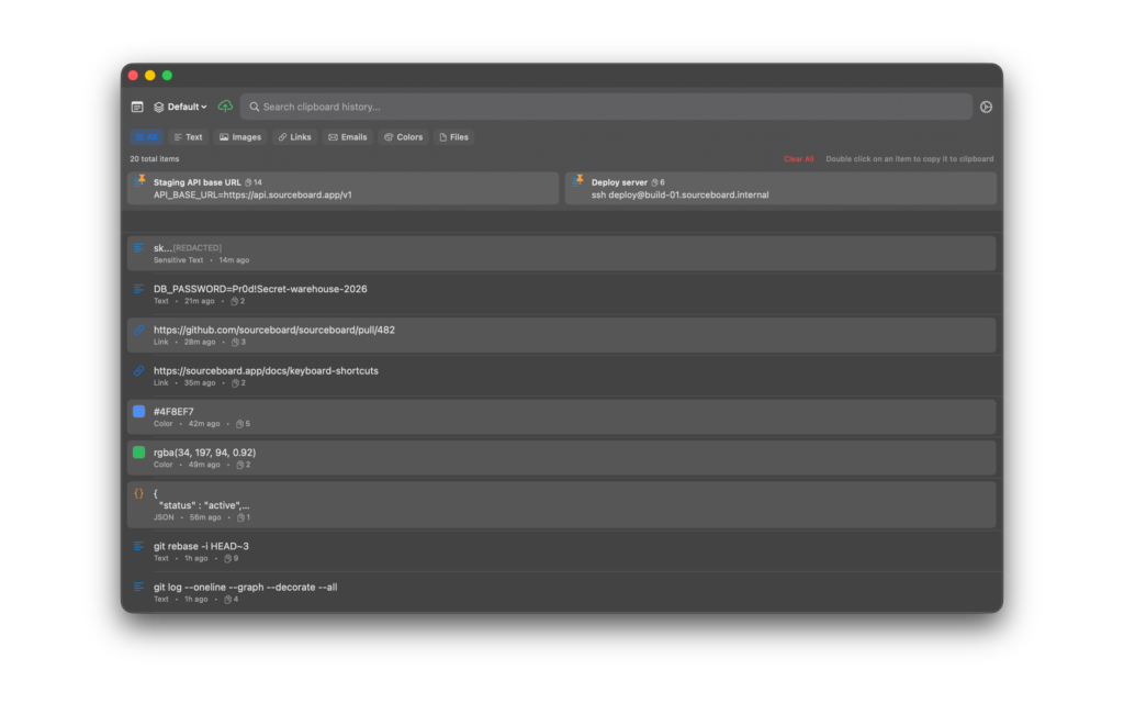 Clipboard history Mac list in SourceBoard