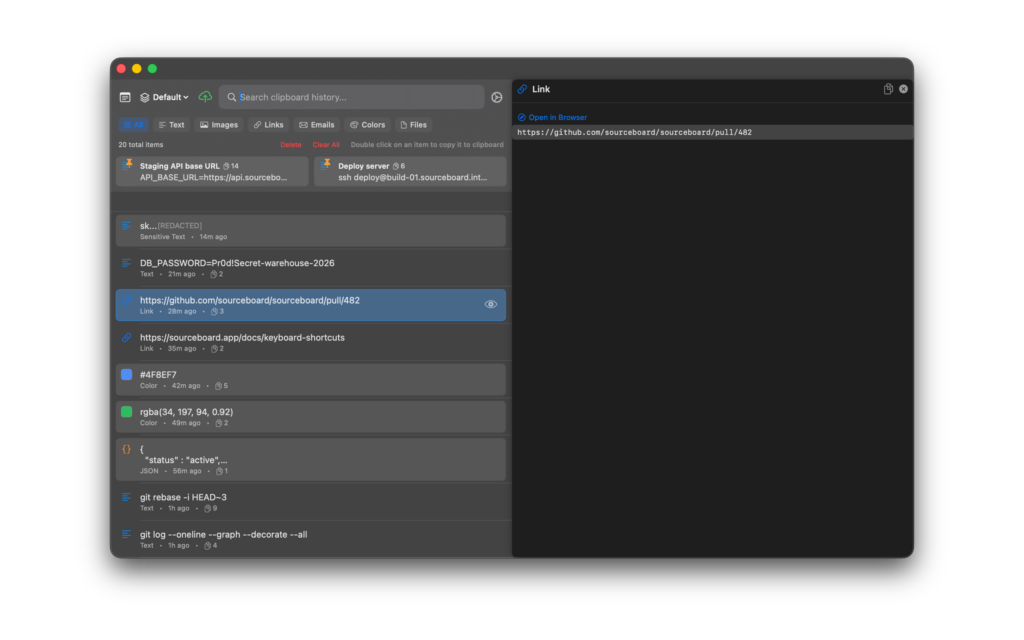 Link preview in SourceBoard for Mac