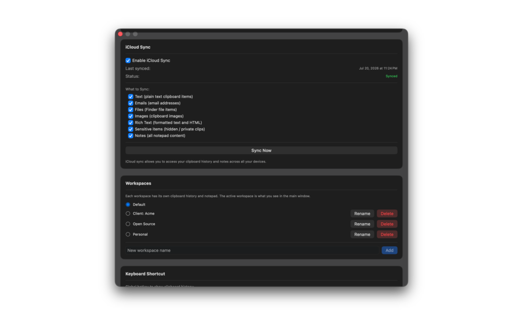 iCloud sync settings for SourceBoard