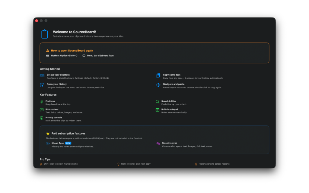 SourceBoard clipboard history Mac app