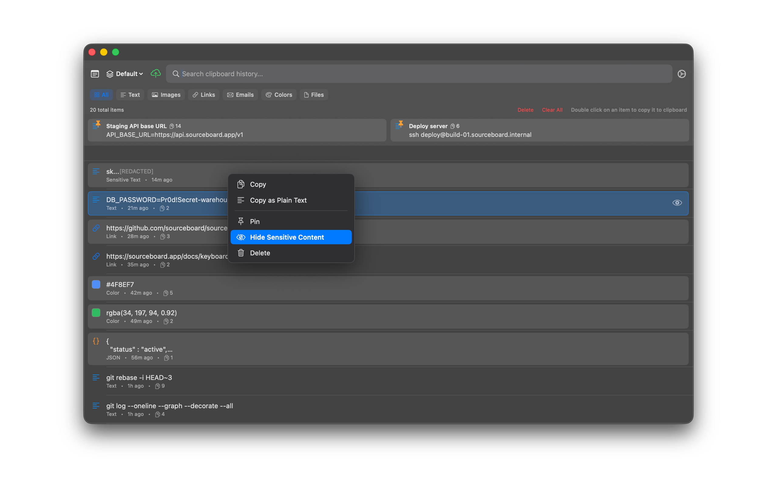 SourceBoard Hide Sensitive Content context menu