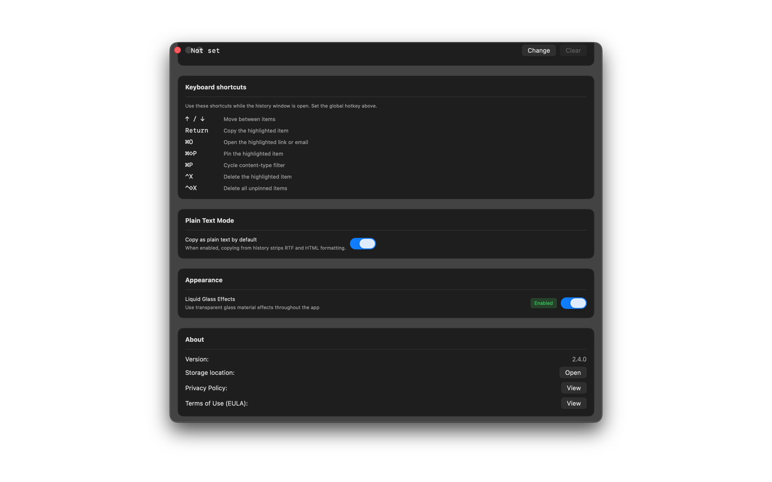 SourceBoard keyboard shortcuts in Settings