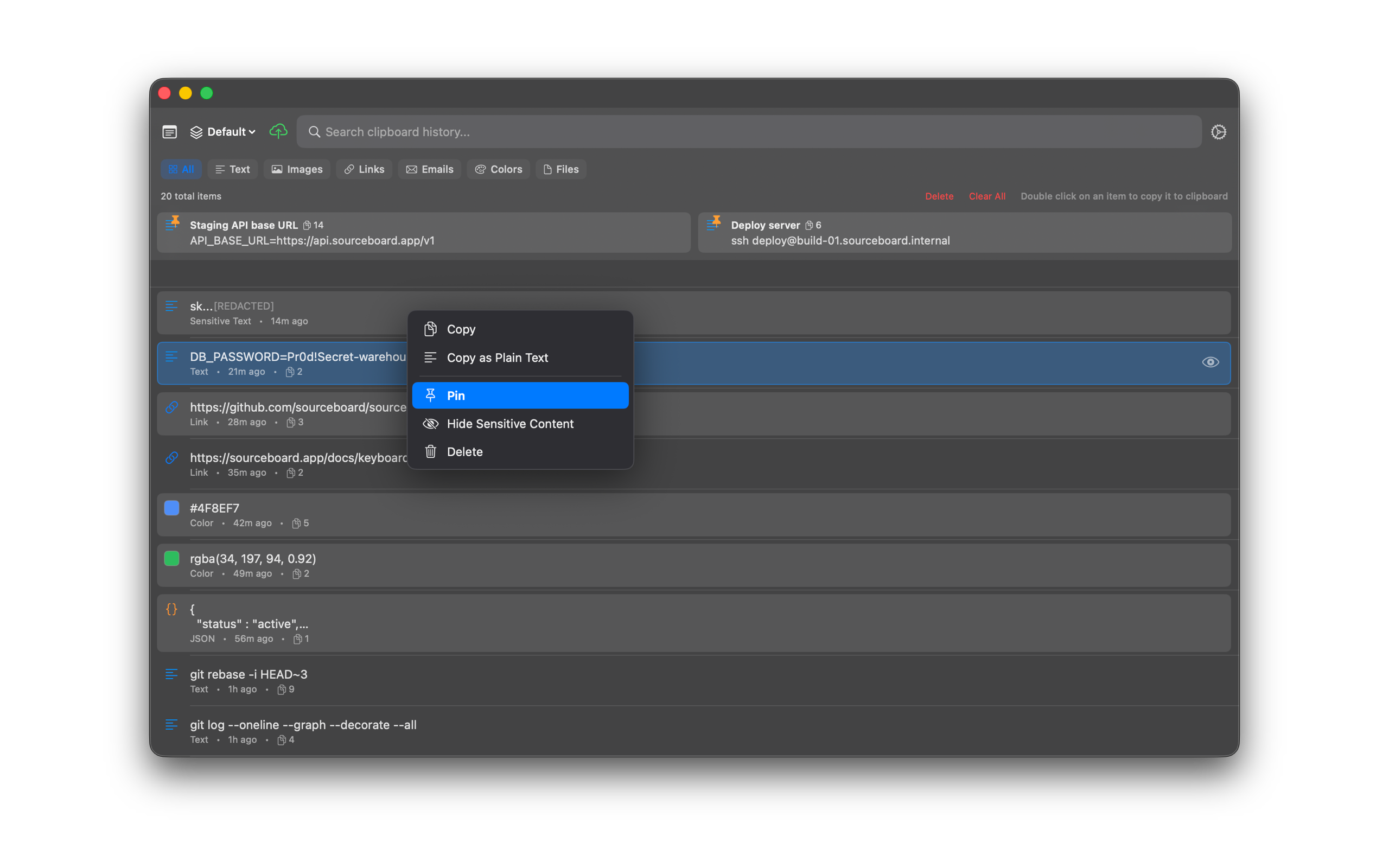 SourceBoard pin context menu