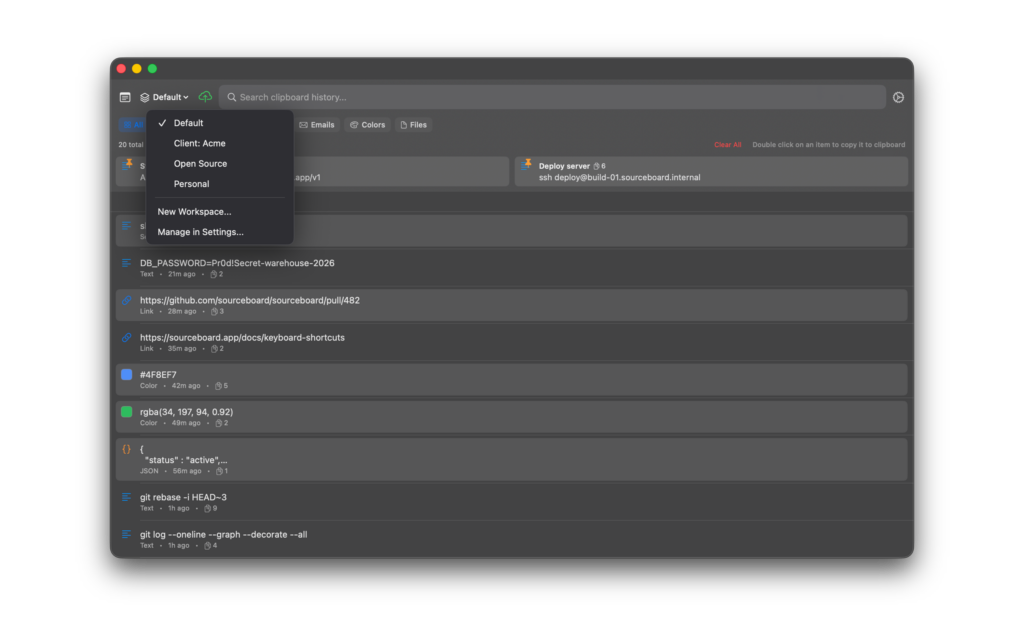 Workspaces menu in SourceBoard