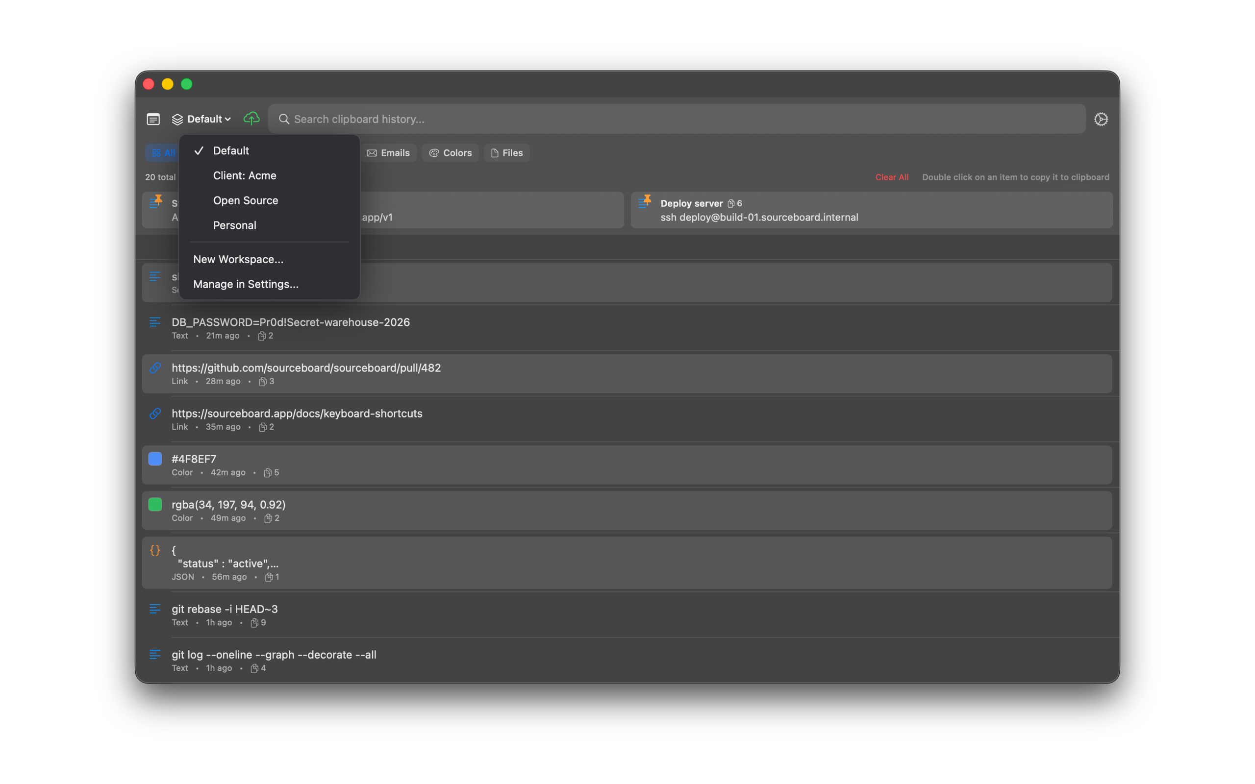 SourceBoard workspace dropdown on the history window