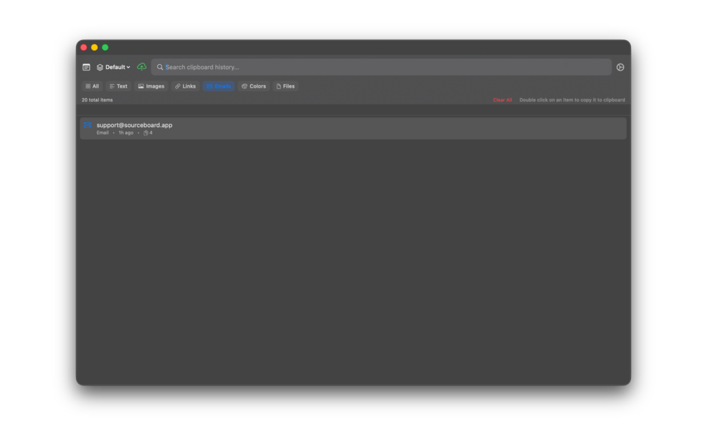 Emails filter in SourceBoard clipboard history for Mac