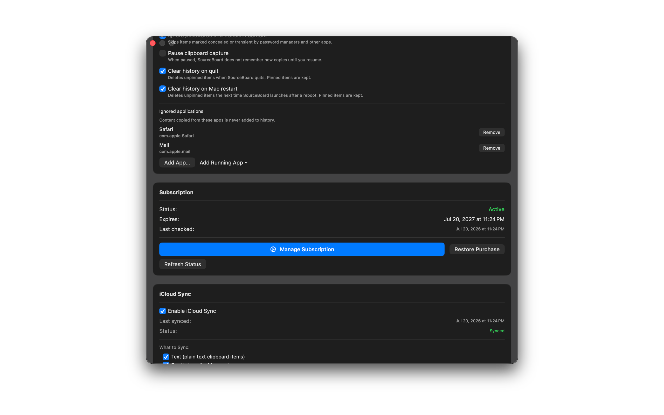 Ignored applications and capture privacy settings in SourceBoard