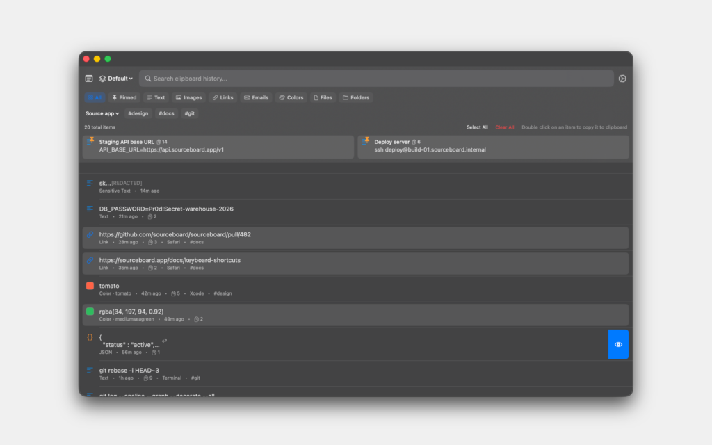SourceBoard clipboard history for Mac