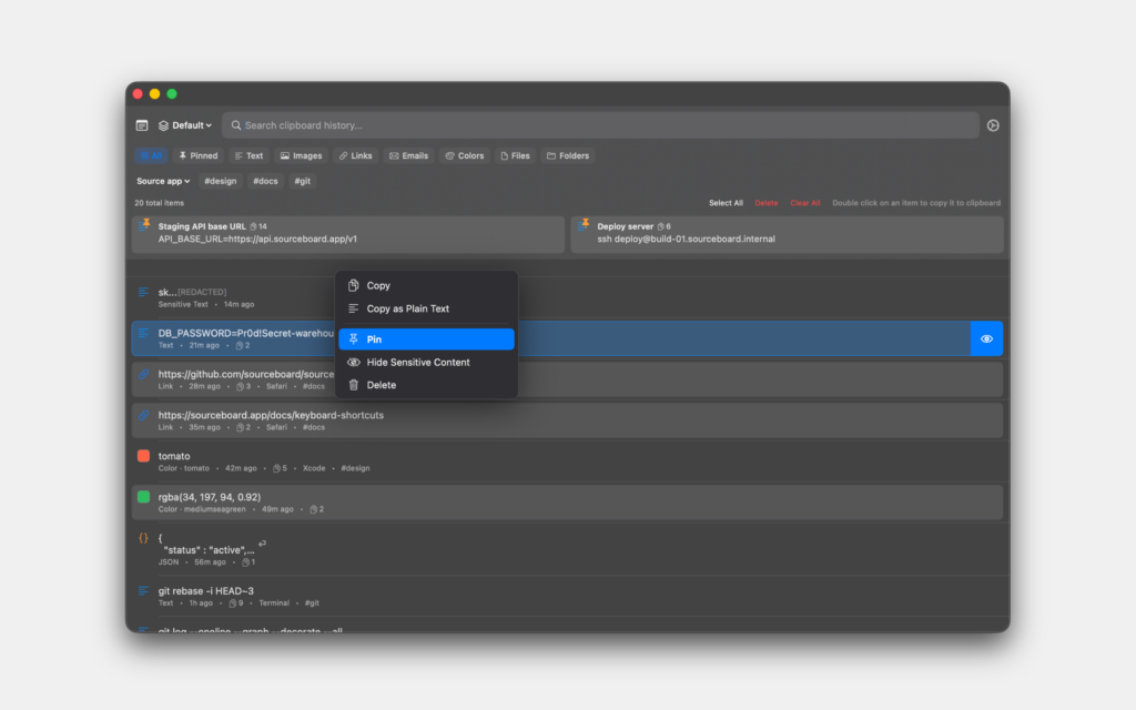 Pinned clipboard snippets in SourceBoard