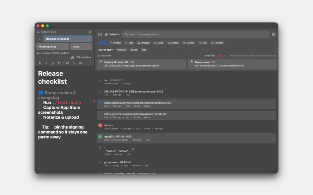 Markdown notepad beside clipboard history