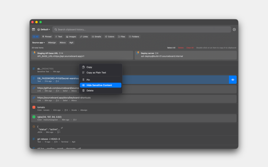 Hide private clipboard items in SourceBoard