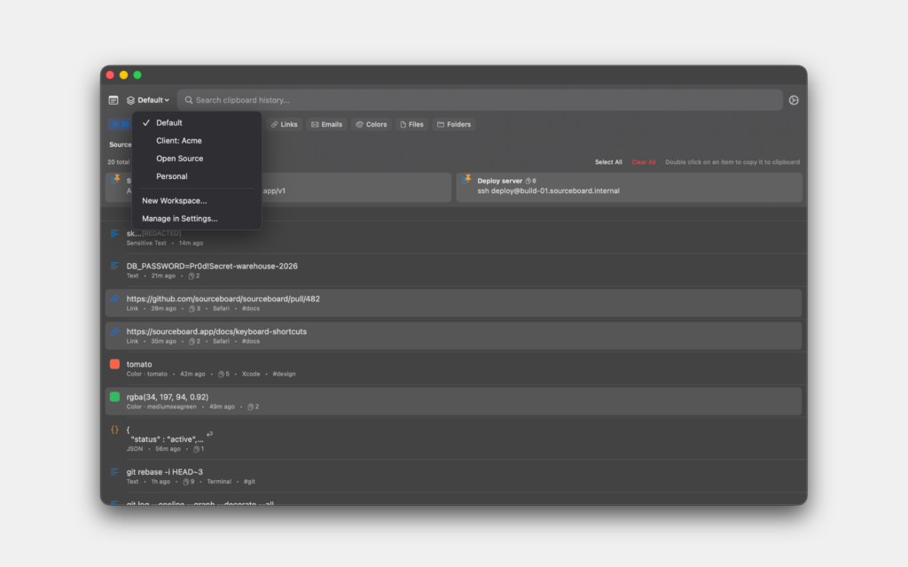 Workspaces menu in SourceBoard