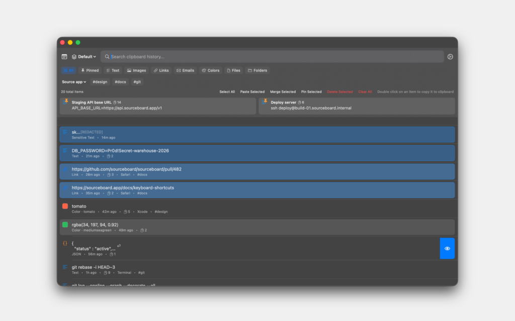 Batch select clipboard items in SourceBoard