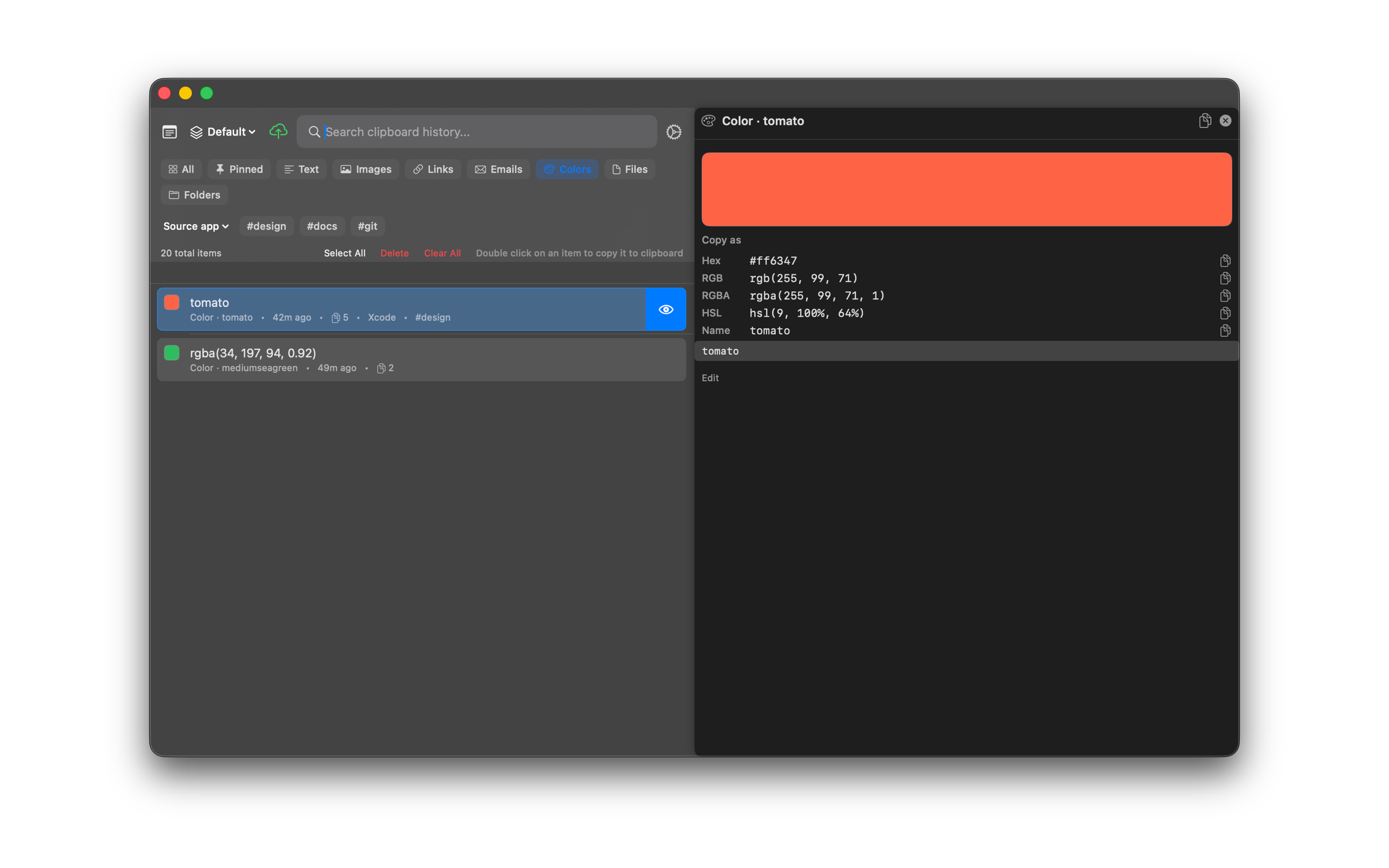 SourceBoard named CSS color preview with Copy as formats