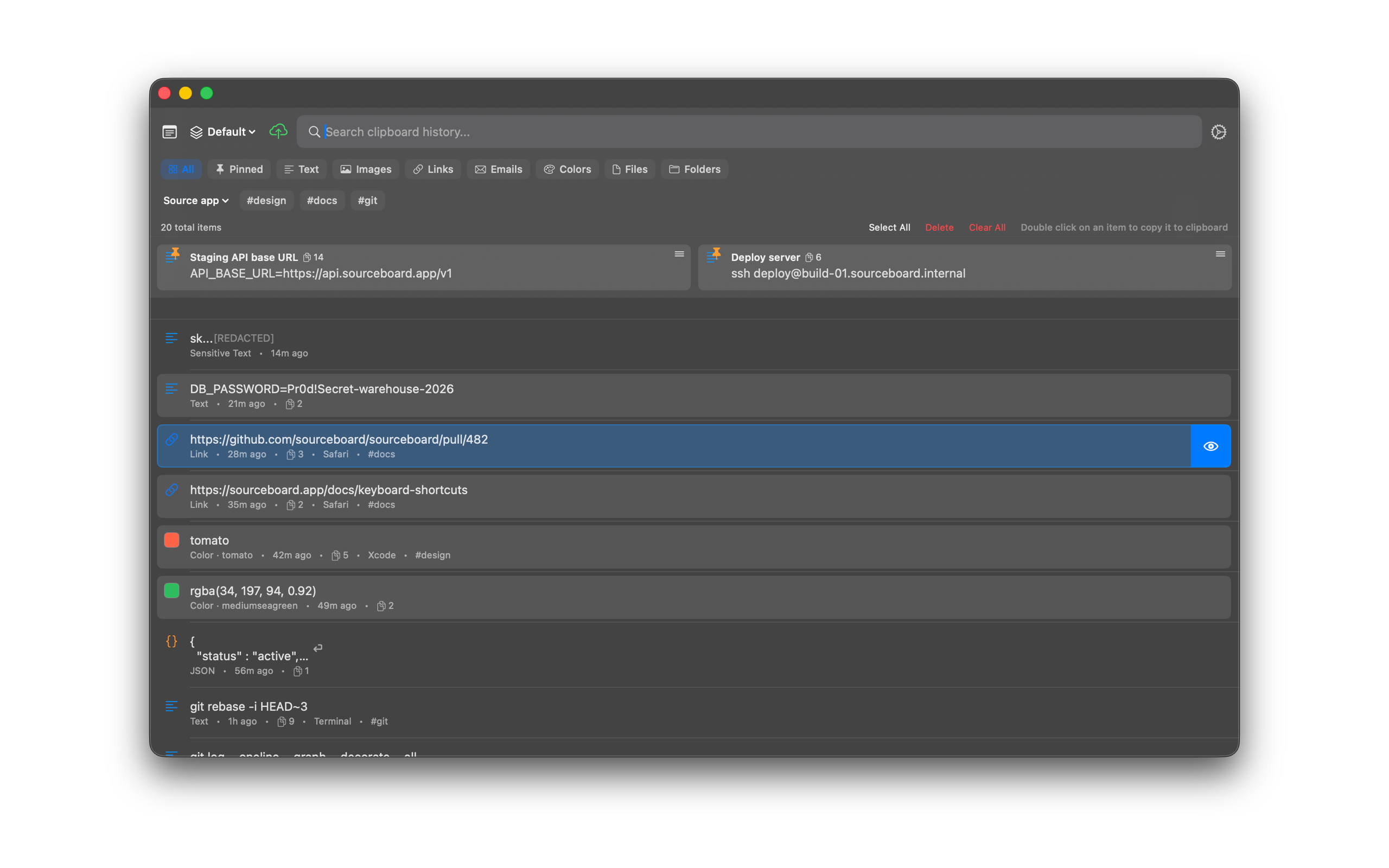 SourceBoard tags and source app on history rows