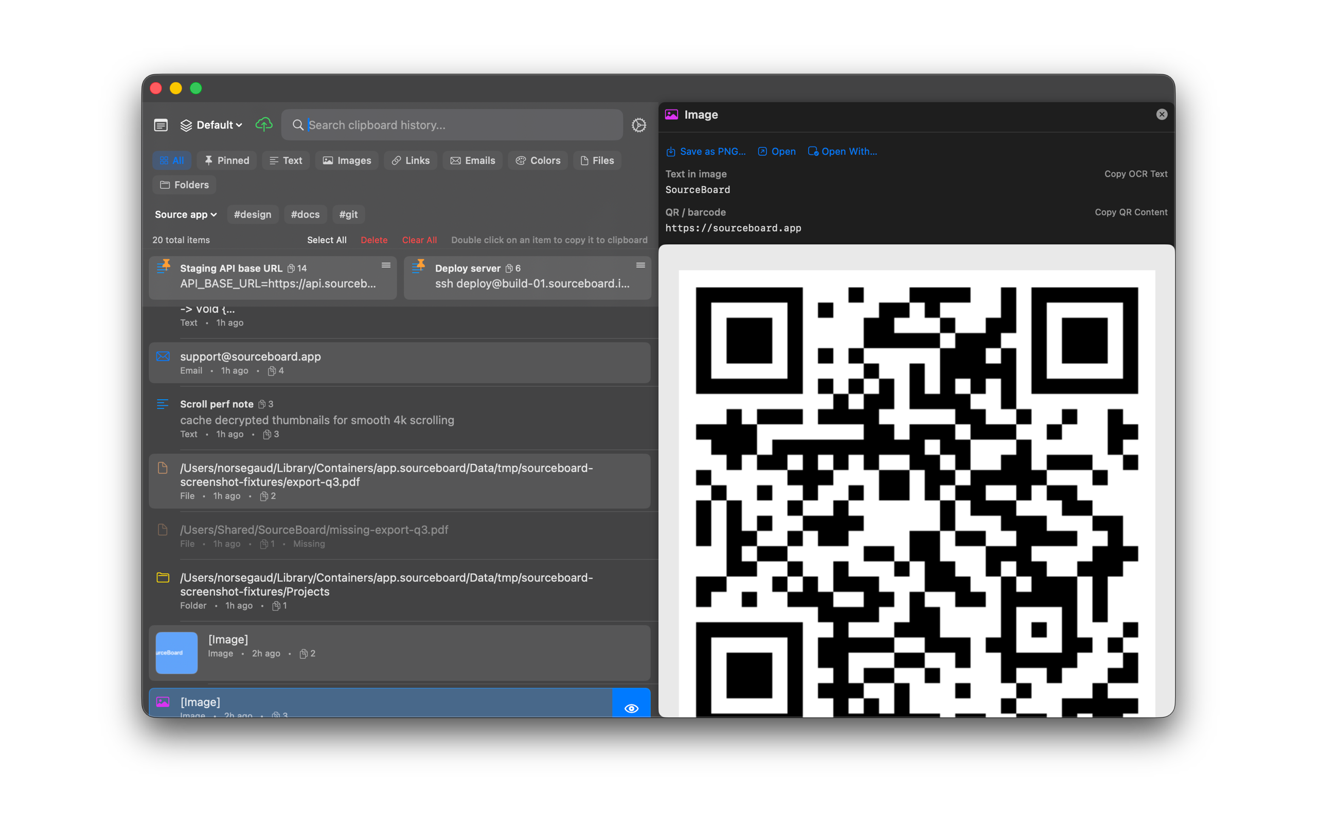 SourceBoard image preview with OCR and QR actions