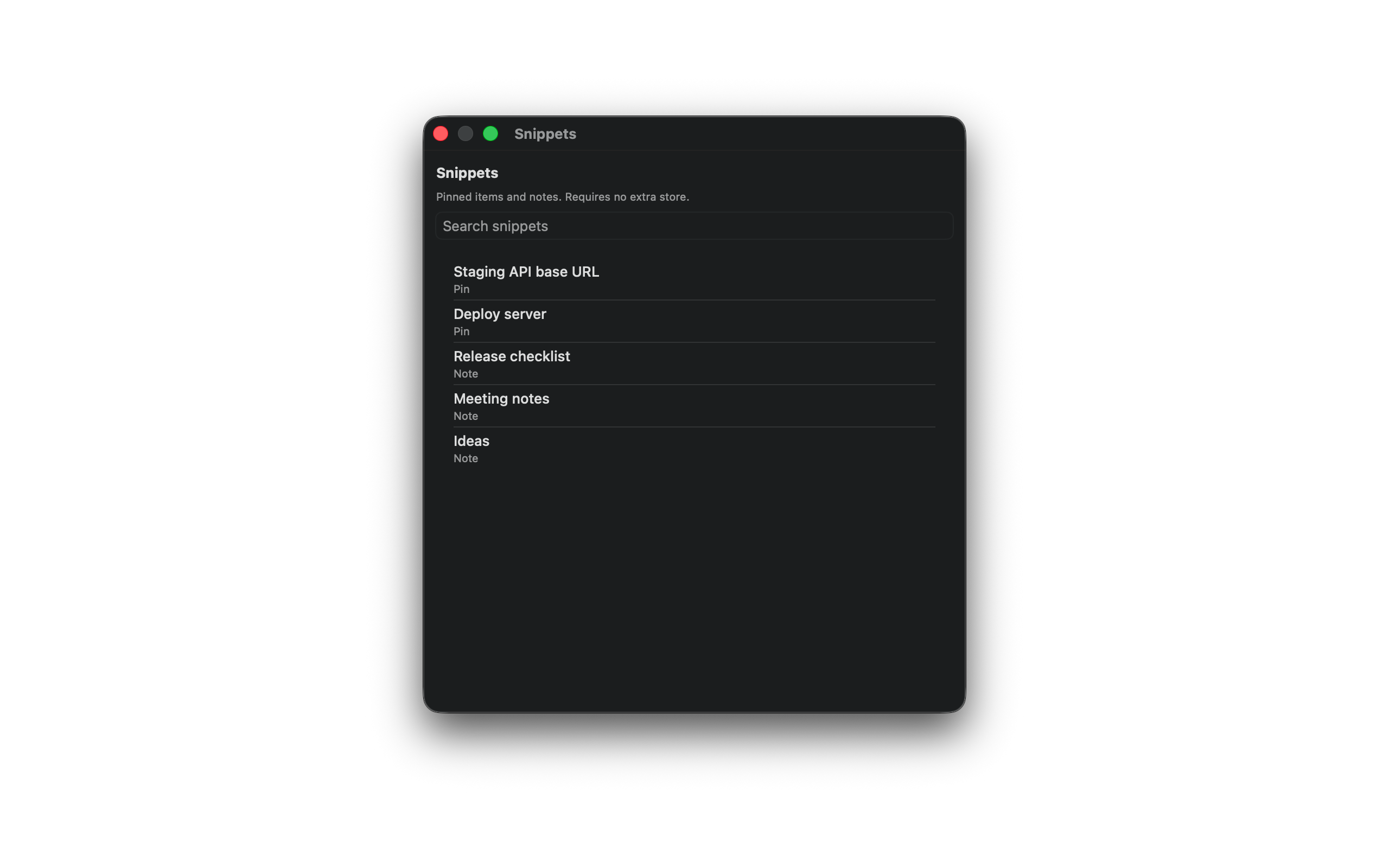 SourceBoard snippets panel with pins and notes