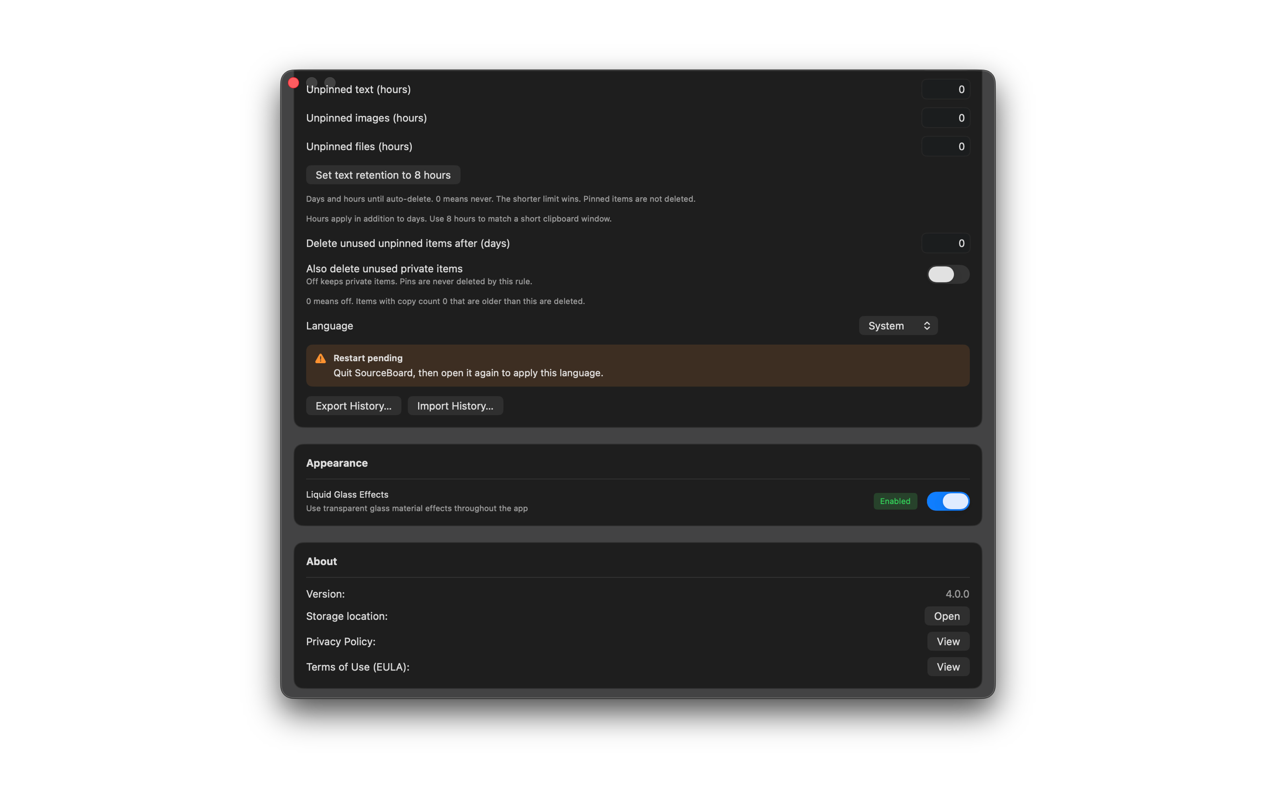 SourceBoard language restart pending