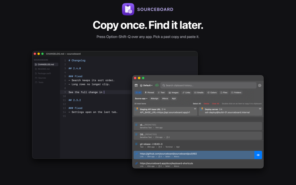 SourceBoard clipboard history for Mac