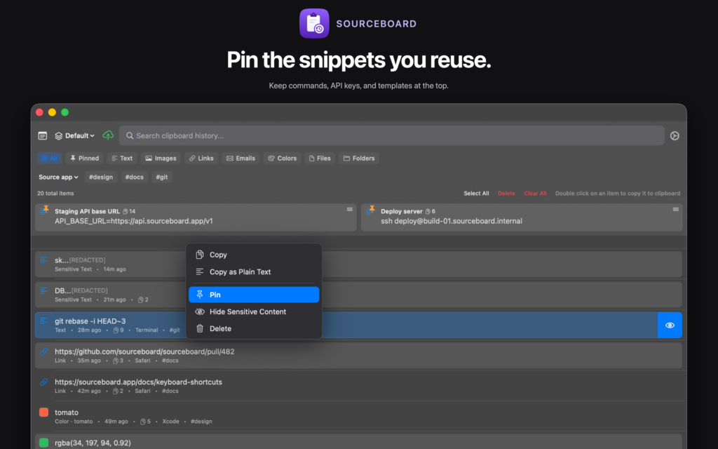 Pinned clipboard snippets in SourceBoard