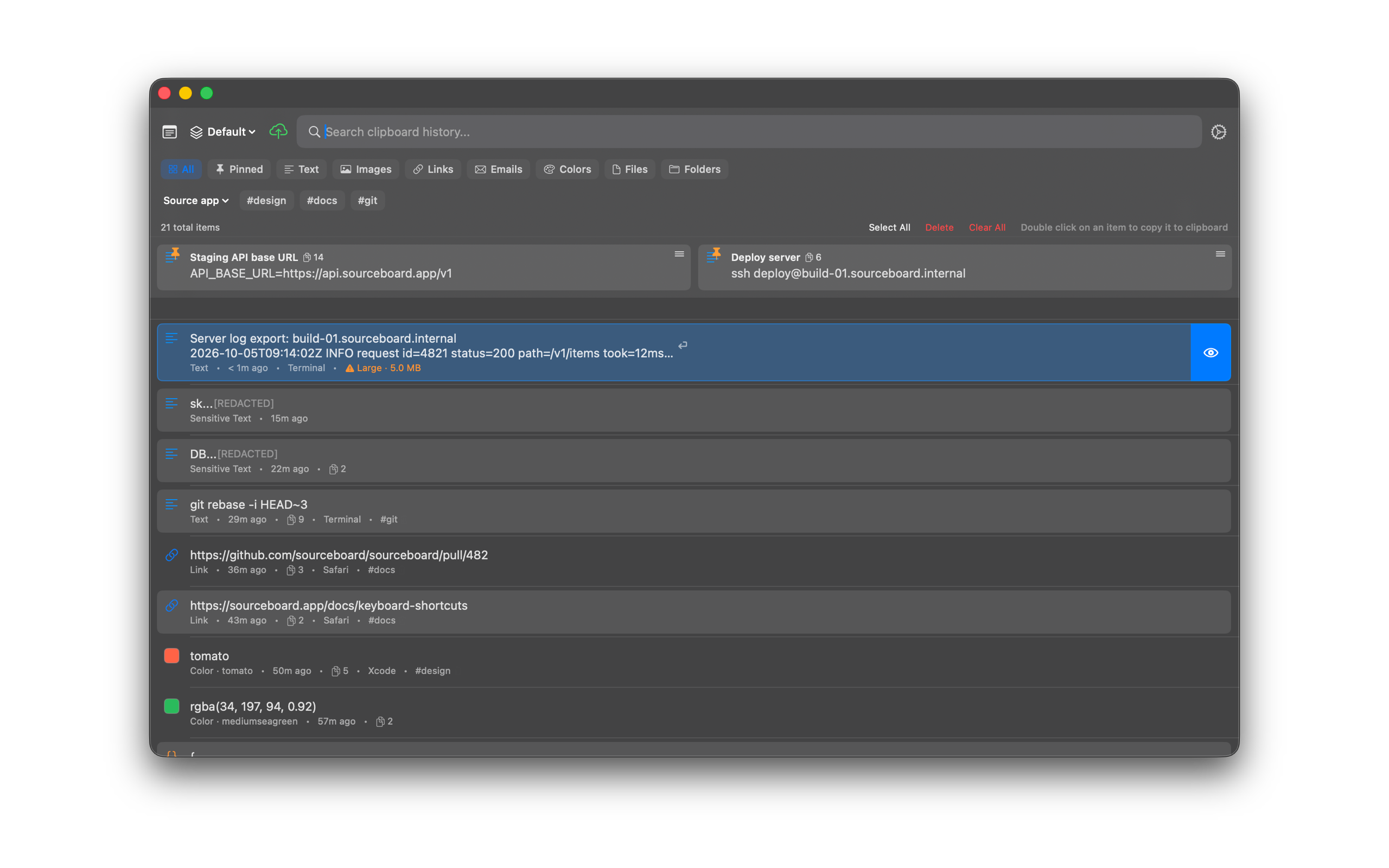 SourceBoard history row with a Large size warning
