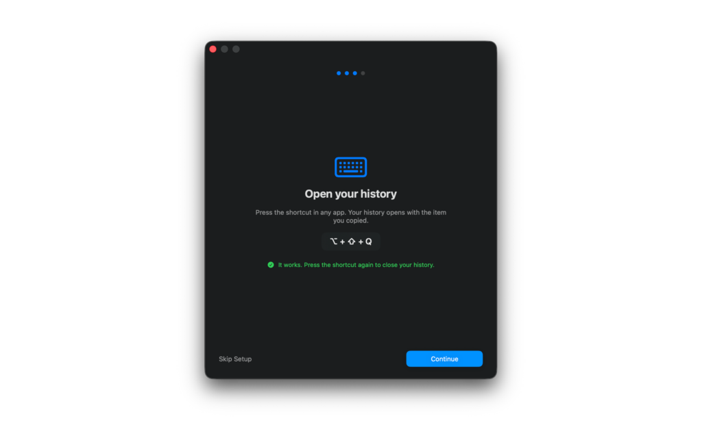 SourceBoard setup window confirming that the Option+Shift+Q shortcut works