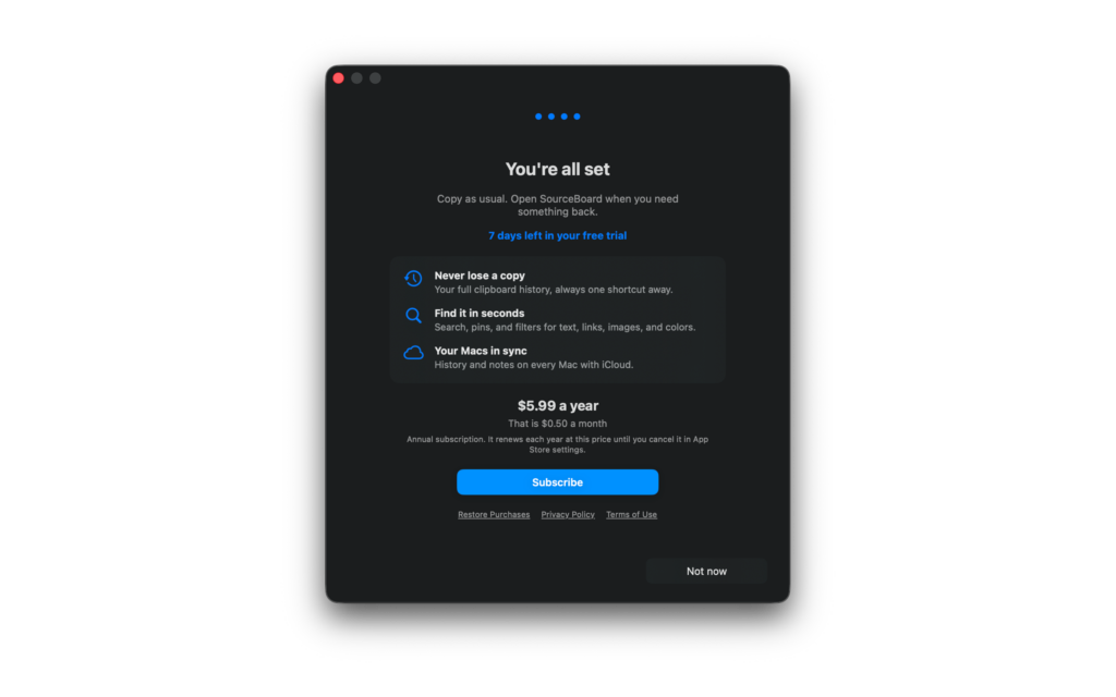 Last SourceBoard setup screen with the free trial days left, the annual subscription price, Subscribe, and Not now