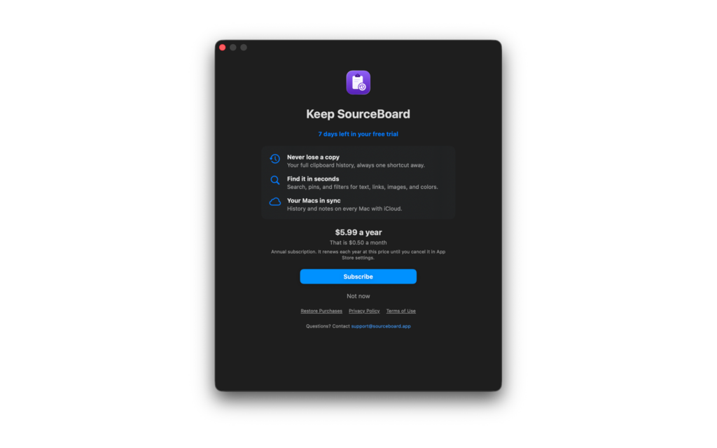 SourceBoard subscription offer with 7 days left in the free trial, 3 benefits, the price, Subscribe, and Not now